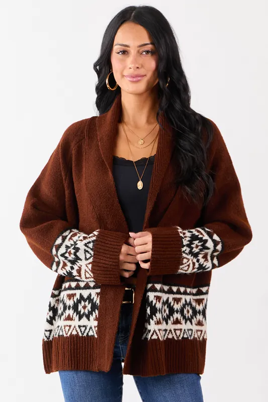 Dark Spice Aztec Pattern Open Front Knit Cardigan - In February