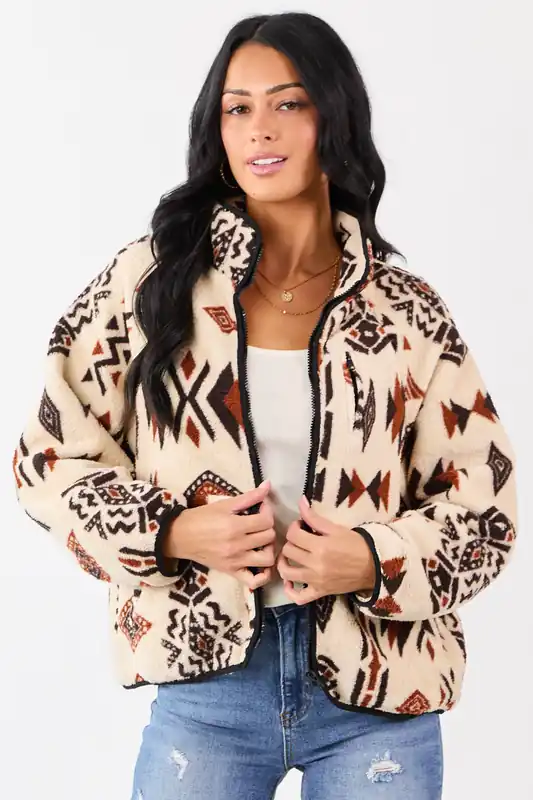 Almond Aztec Pattern Zip Up Sherpa Jacket - Privy