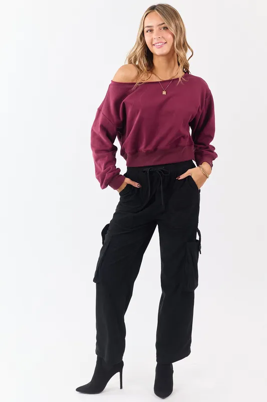 Black Corduroy Drawstring Waist Cargo Pants - Love Poem