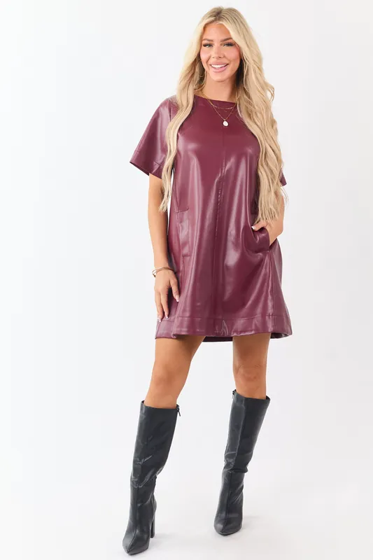 Lovelo Maroon Faux Leather Short Sleeve Mini Dress - GeeGee