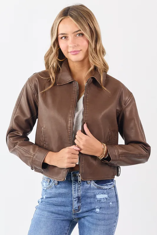 Walnut Faux Leather Collared Zip Up Jacket - Shop Iris