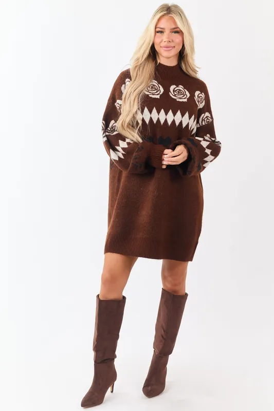 Dark Sepia Multi Print Mock Neck Mini Sweater Dress - Promesa