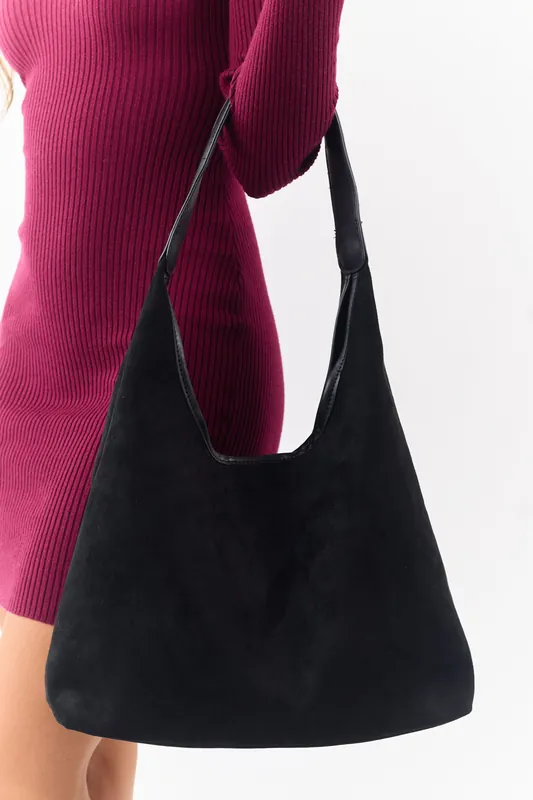 Black Faux Suede Flat Bottom Tote Bag - Fame Accessories