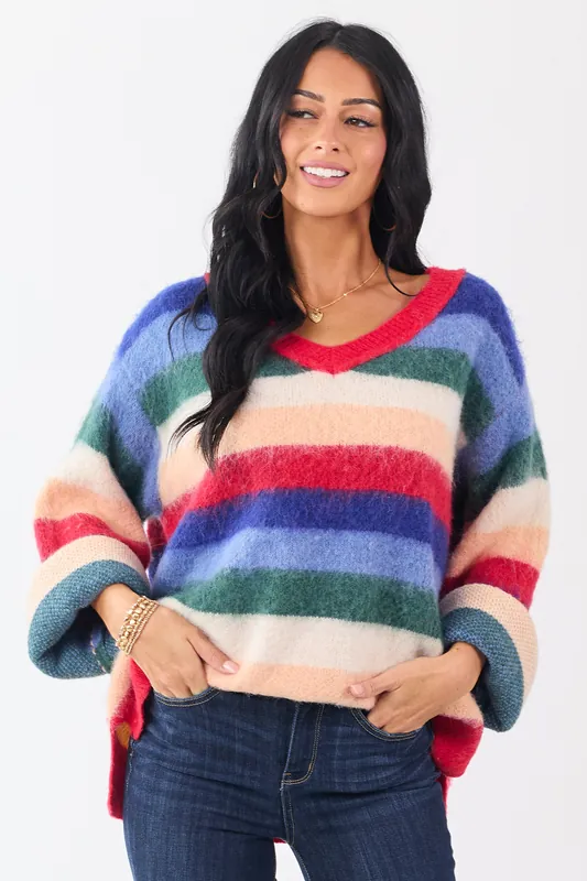 POL Multicolor Striped Long Sleeve V Neck Sweater - POL Clothing