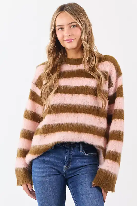 POL Peanut and Blush Striped Long Sleeve Sweater - POL Clothing