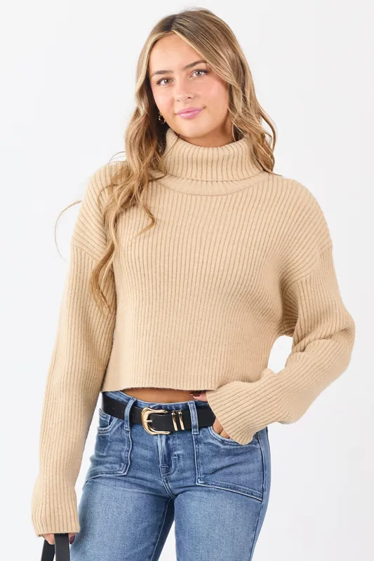 Sand Rib Knit Turtleneck Long Sleeve Crop Sweater - Timing