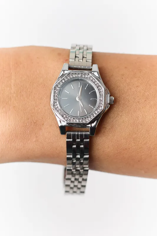 Silver Metallic Rhinestone Trim Octagonal Watch - Fame Accessories