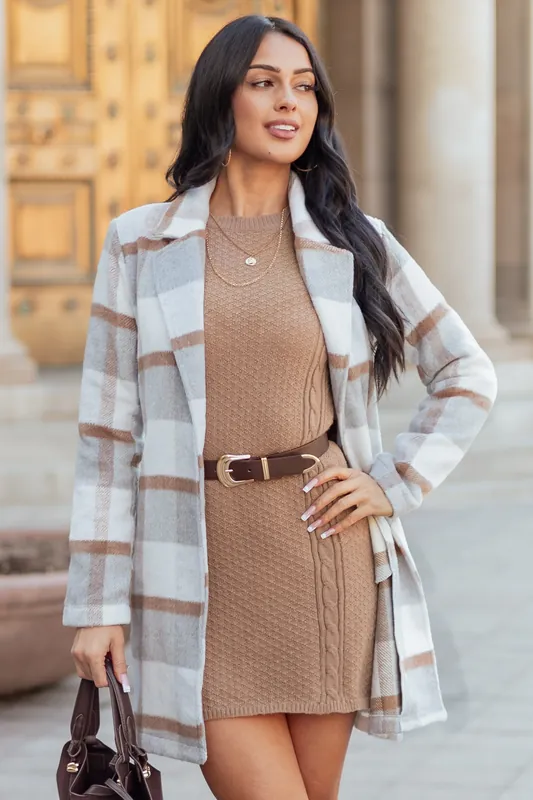 Dove Grey Open Front Plaid Waist Tie Jacket - Timing
