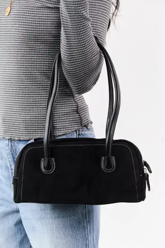Black Faux Suede Baguette Handbag - Fame Accessories
