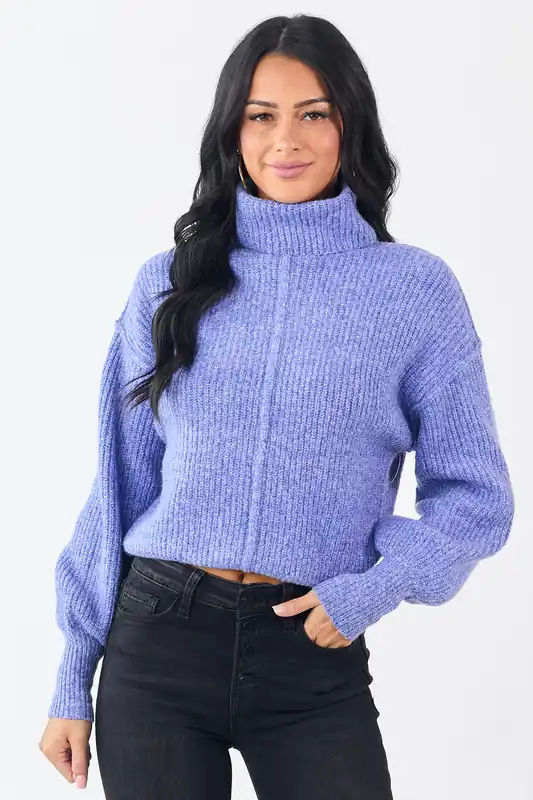 Heathered Sapphire Turtleneck Bubble Sleeve Sweater - Timing
