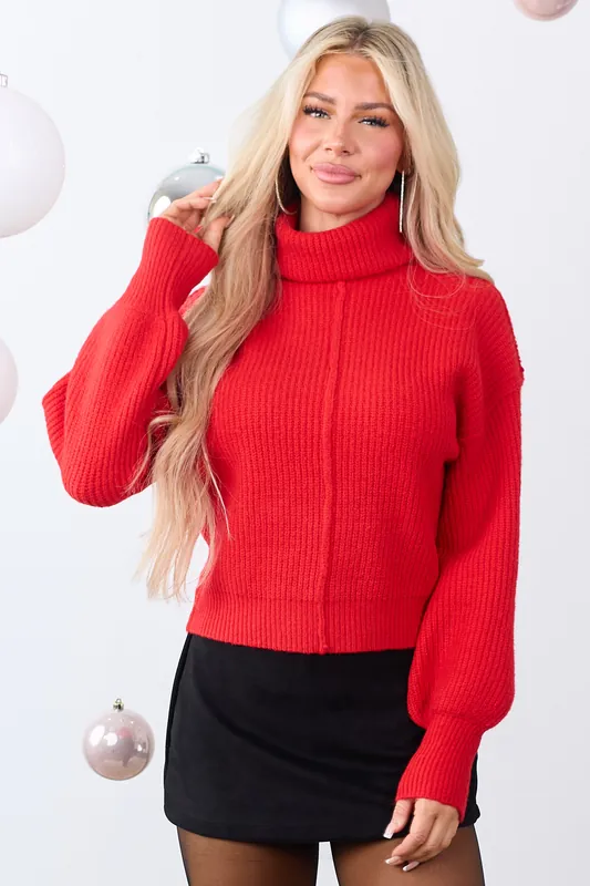 Lipstick Turtleneck Bubble Sleeve Rib Knit Sweater - Timing