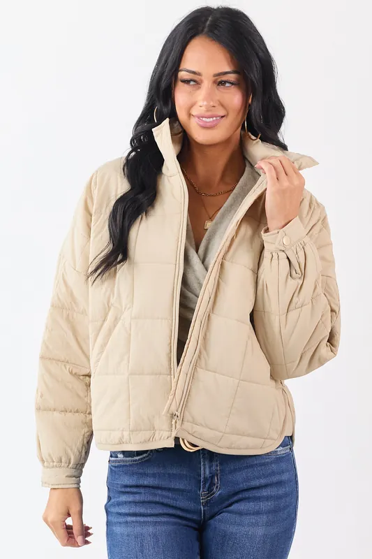 Beige Mock Neck Quilted Square Zip Up Puffer Jacket - Blu Pepper