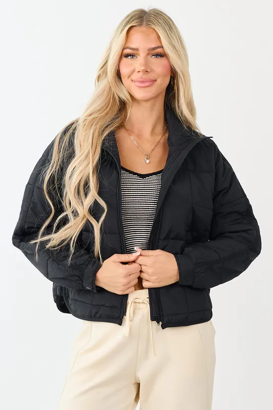 Black Mock Neck Quilted Square Zip Up Puffer Jacket - Blu Pepper