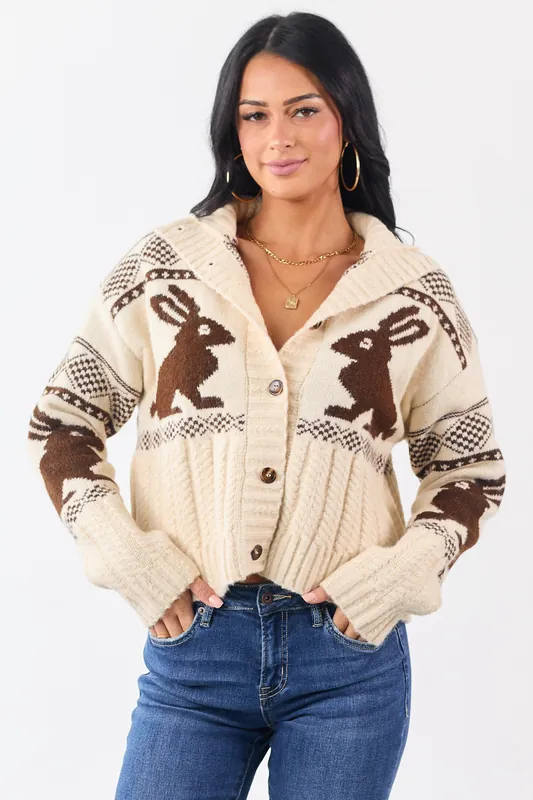 Cream Bunny Jacquard Pattern Button Down Cardigan - Blu Pepper
