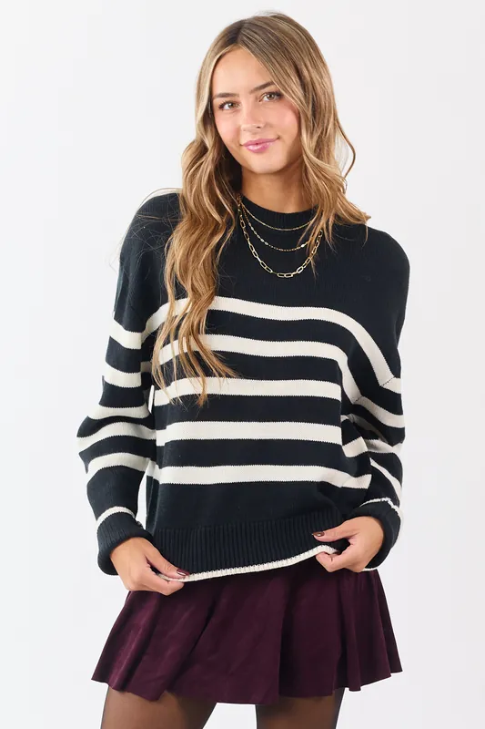 Black and White Striped Ribbed Trim Knit Sweater - HYFVE