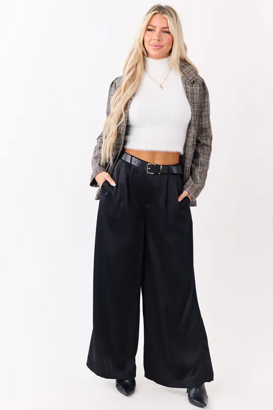 Black Satin Belted Wide Palazzo Pants - Mustard Seed