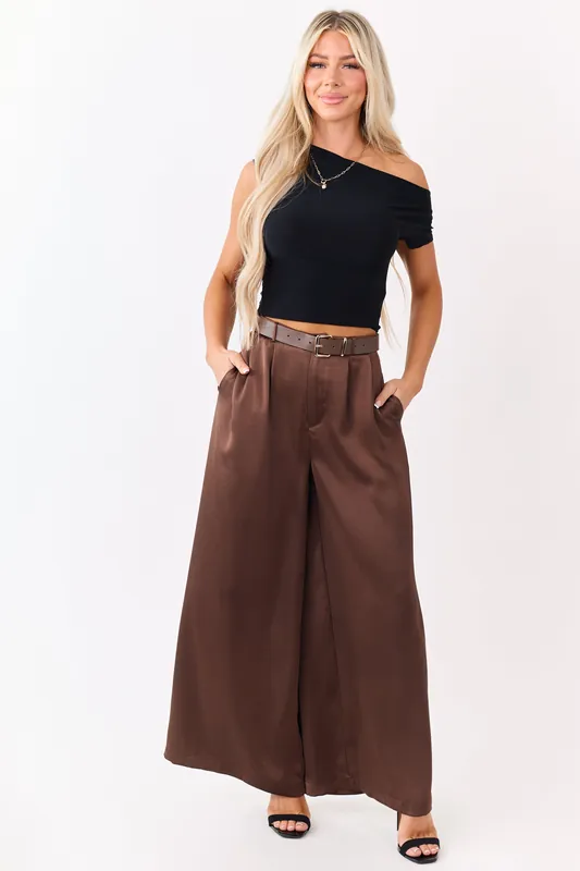 Coffee Satin Belted Wide Palazzo Pants - Mustard Seed