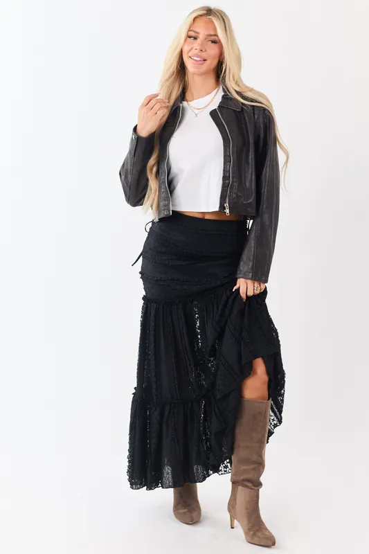 Black Floral Mesh Lace Tiered Maxi Skirt - Mustard Seed
