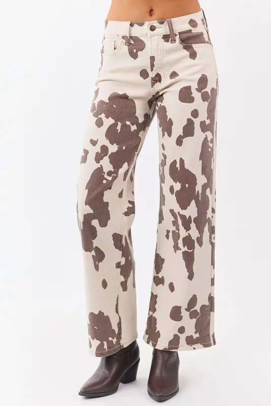 Vanilla Cow Print Stretchy High Rise Wide Leg Jeans - Just Panmaco