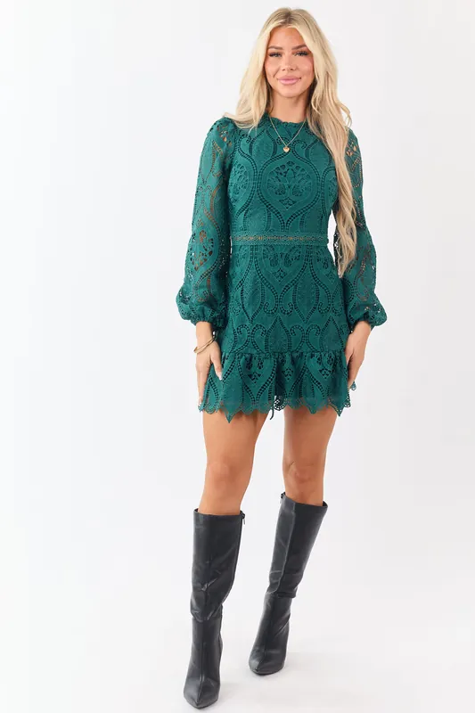 Dark Pine Long Puff Sleeve Lace Mini Dress - B.right