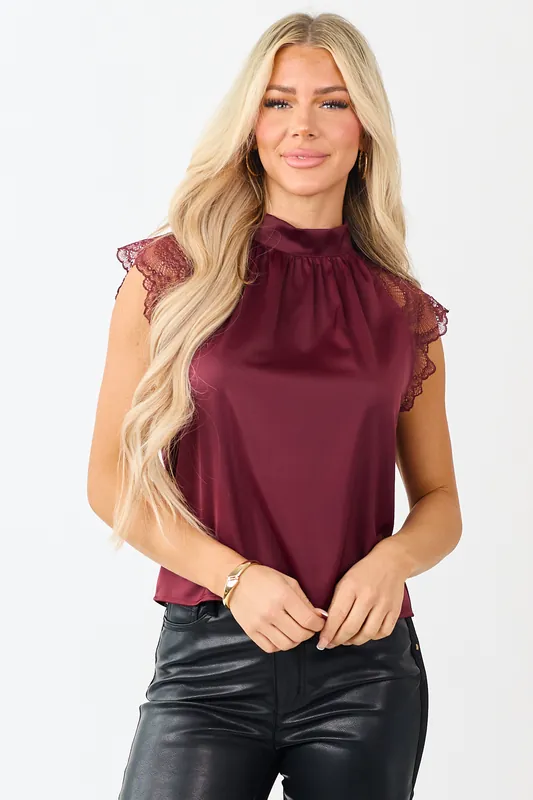 Wine Satin Bow Lace Cap Sleeve Blouse - B.right
