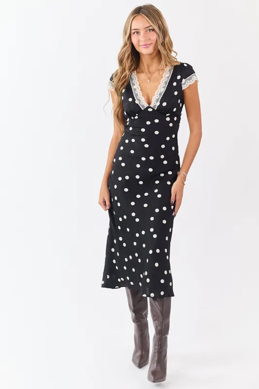 Black Polka Dot Lace Trim V-Neck Maxi Dress