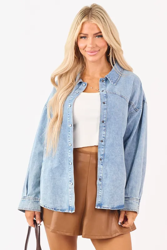 Medium Wash Button Up Long Sleeve Denim Top - Very J