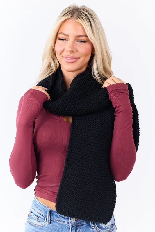 Black Ribbed Chunky Knit Scarf - Fame Accessories