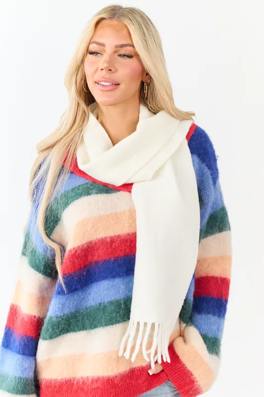 Cream Fringe End Soft Knit Scarf - Fame Accessories