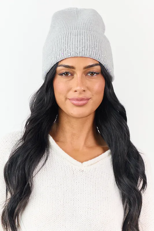 Dove Grey Ribbed Knit Rhinestone Beanie - Fame Accessories