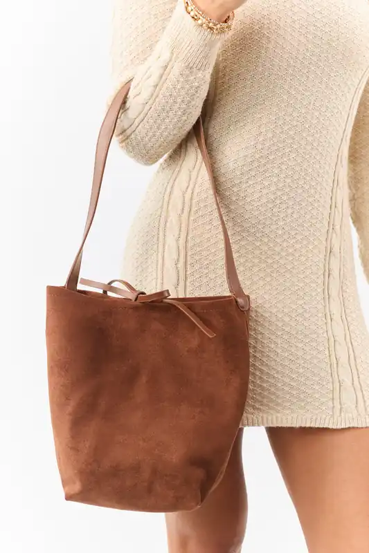 Sepia Faux Suede Tote Bag with Drawstring Pouch - Fame Accessories