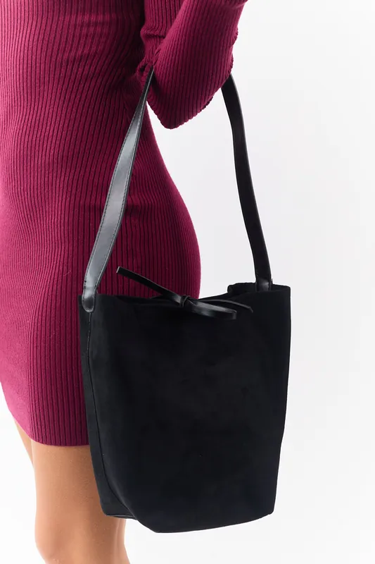 Black Faux Suede Tote Bag with Drawstring Pouch - Fame Accessories
