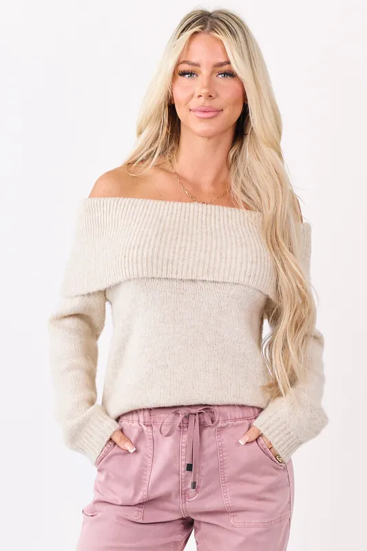 Entro Almond Wool Blend Off Shoulder Sweater