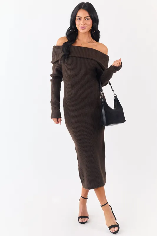 Entro Cocoa Ribbed Knit Off Shoulder Midi Dress