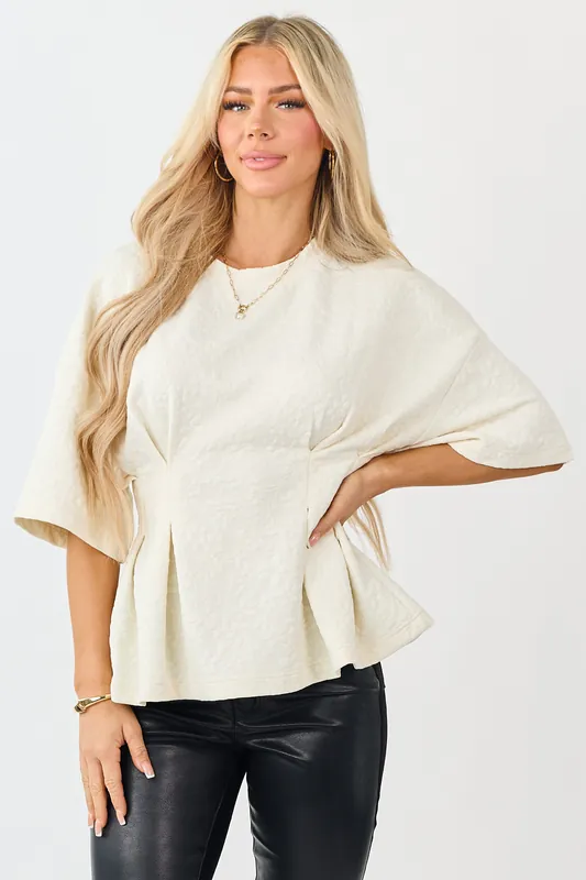 Cream Floral Jacquard Peplum Short Sleeve Top - Heyson