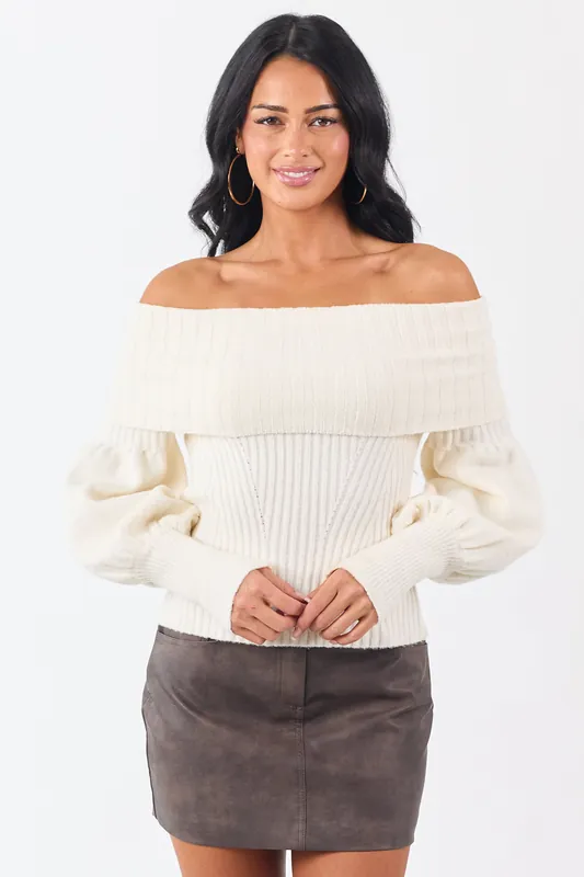 Cream Off Shoulder Long Puff Sleeve Sweater - Heyson
