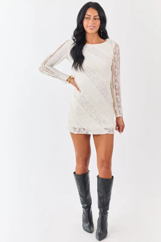 Cream Floral Lace Long Sleeve Mini Dress - Paper Moon