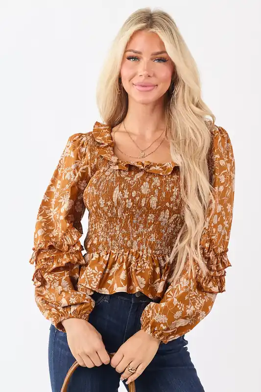 Pumpkin Spice Floral Smocked Peplum Cotton Blouse - Heyson