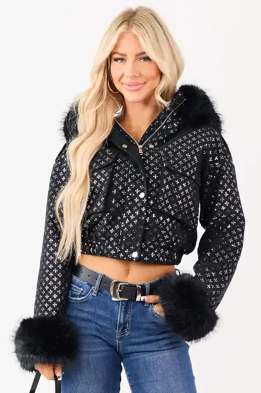 Black Faux Fur Trim Sequin Hooded Bomber Jacket - Coalition
