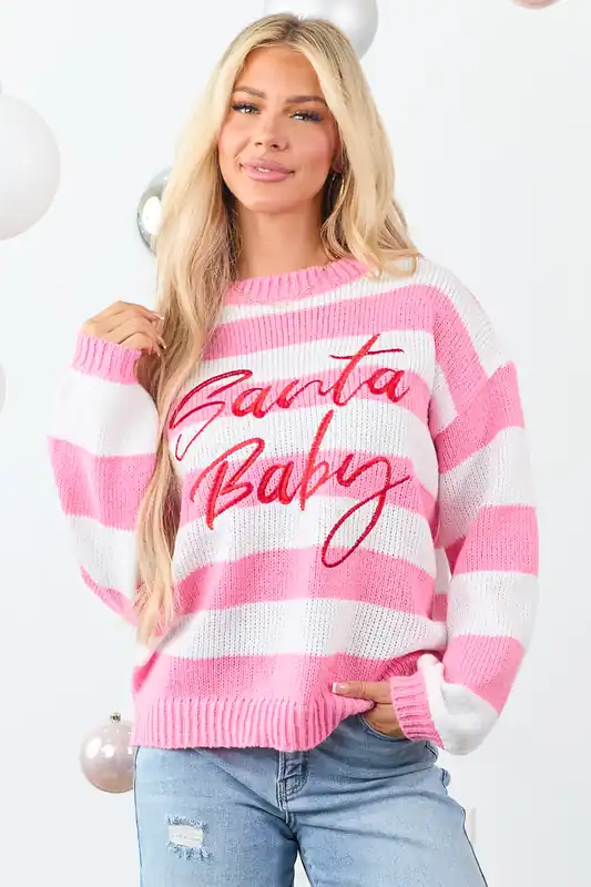 Bubblegum Striped 'Santa Baby' Holiday Graphic Sweater - Main Strip