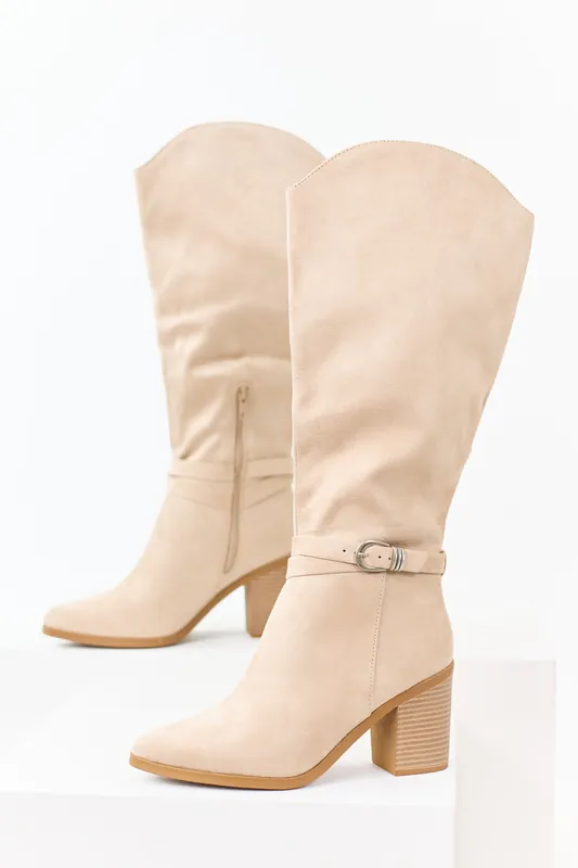 Champagne Faux Suede Ankle Strap Tall Boots - FORTUNE DYNAMIC