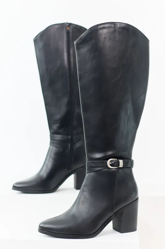 Black Faux Leather Ankle Strap Tall Boots - FORTUNE DYNAMIC