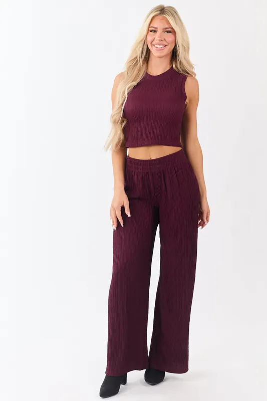 Wine Crinkled Plisse Crop Tank Top and Pants Set - Love Poem