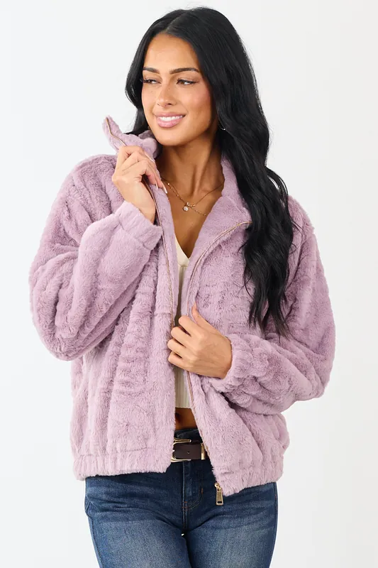 Mauve Faux Fur Zip Up Collared Jacket - Love Poem