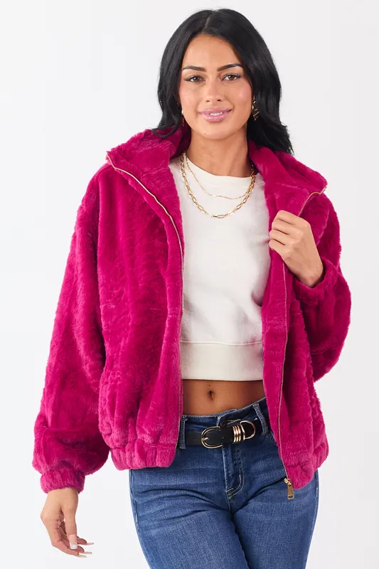 Raspberry Faux Fur Zip Up Collared Jacket - Love Poem