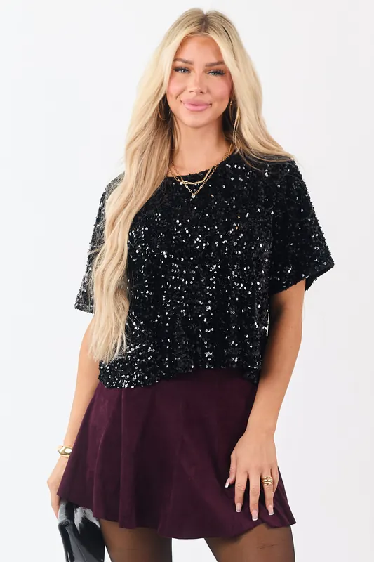 She+Sky Black Sequined Short Sleeve Top - She + Sky