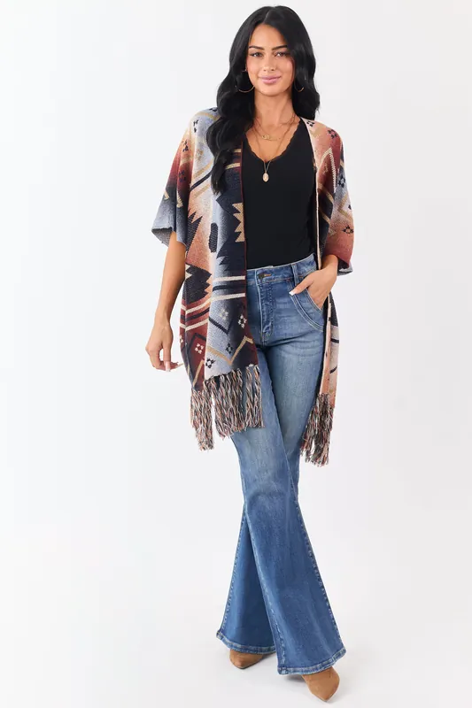 Multicolor Ombre Aztec Short Sleeve Sweater Cardigan - ANGIE