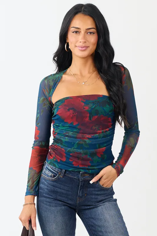 Cobalt Floral Print Long Sleeve Ruched Top - Fore Collection