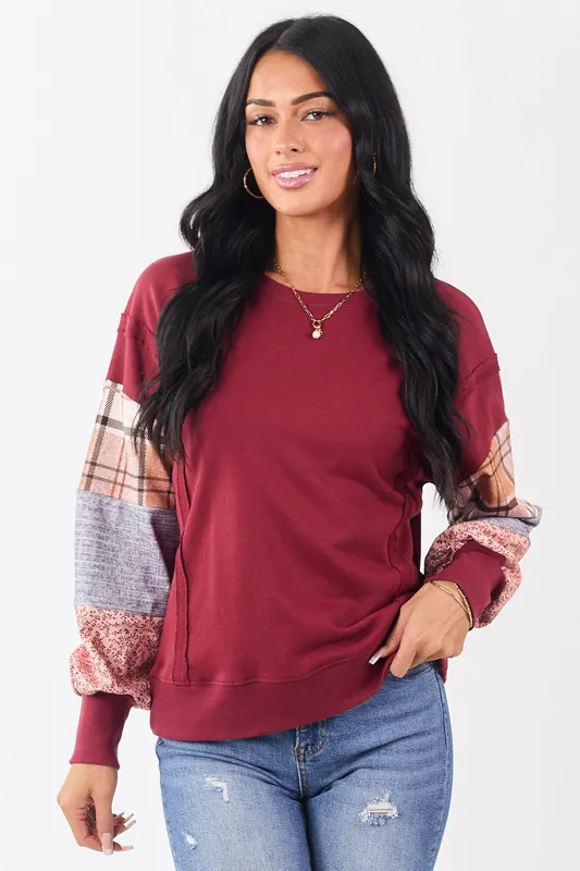 Maroon Contrast Patchwork Raw Seam Sweatshirt - Shewin