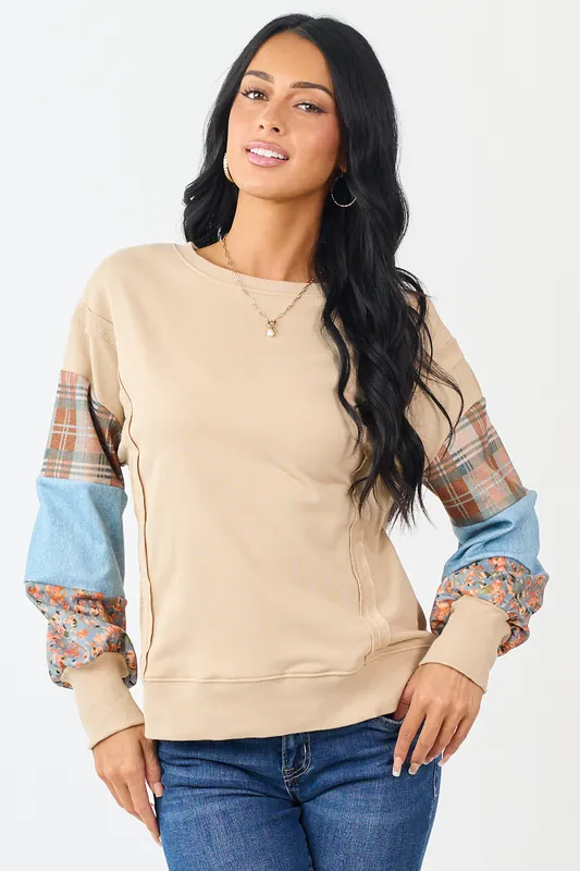 Sand Contrast Patchwork Raw Seam Sweatshirt - Shewin